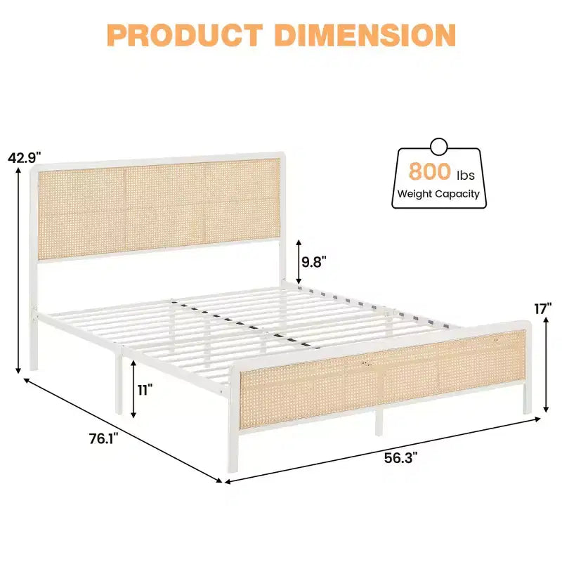 Struttura letto a piattaforma in rattan con testiera, moderno stile boho in canna