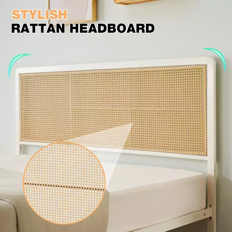 Rattanowa rama łóżka z zagłówkiem, nowoczesny styl boho z plecionką