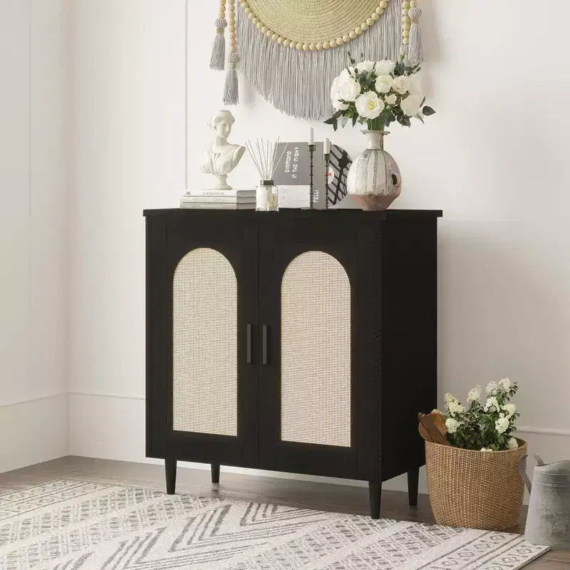 Sideboard Console Table, Rattan Accent Adjustable Storage Sideboard