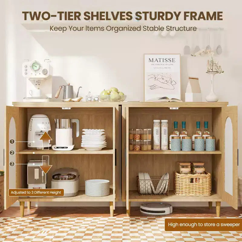 Tavolo consolle credenza, credenza contenitore regolabile con dettagli in rattan
