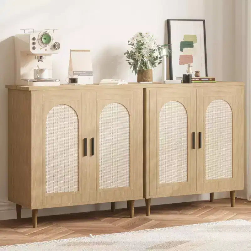 Tavolo consolle credenza, credenza contenitore regolabile con dettagli in rattan