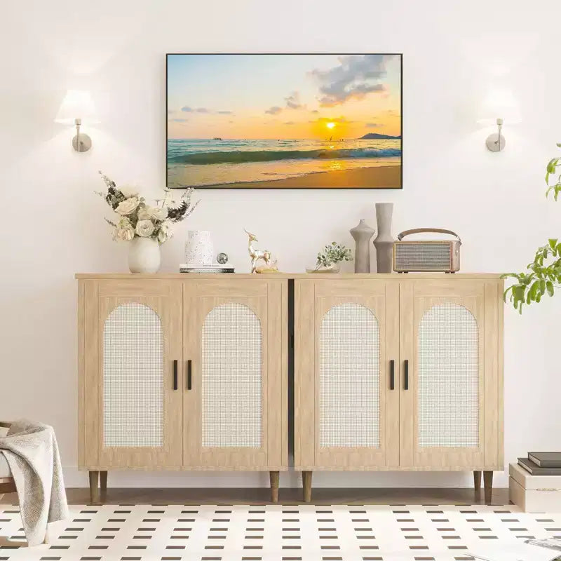 Tavolo consolle credenza, credenza contenitore regolabile con dettagli in rattan