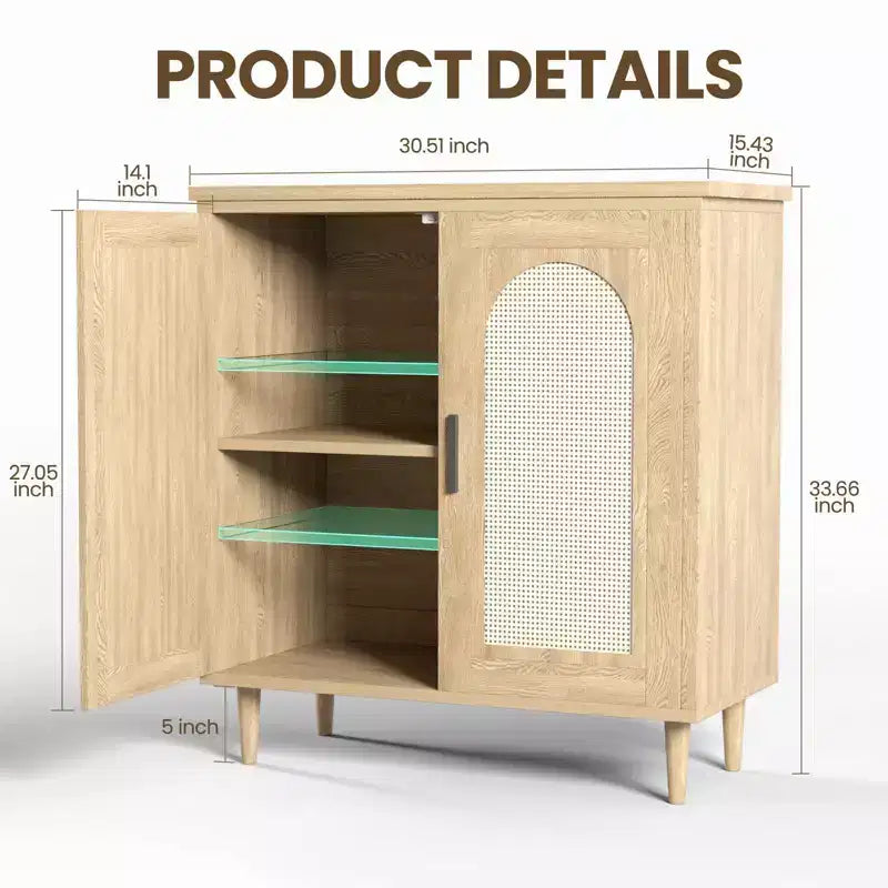 Sideboard Console Table, Rattan Accent Adjustable Storage Sideboard