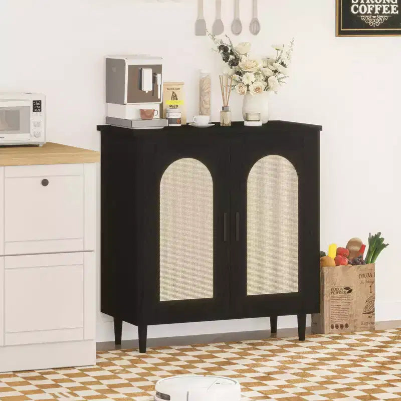 Tavolo consolle credenza, credenza contenitore regolabile con dettagli in rattan