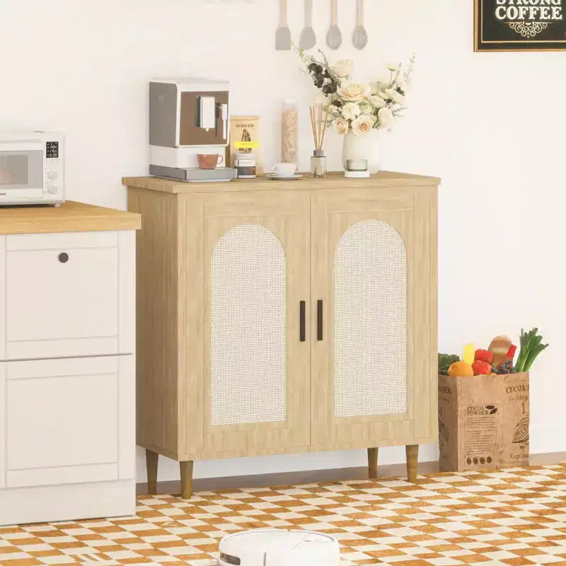 Tavolo consolle credenza, credenza contenitore regolabile con dettagli in rattan