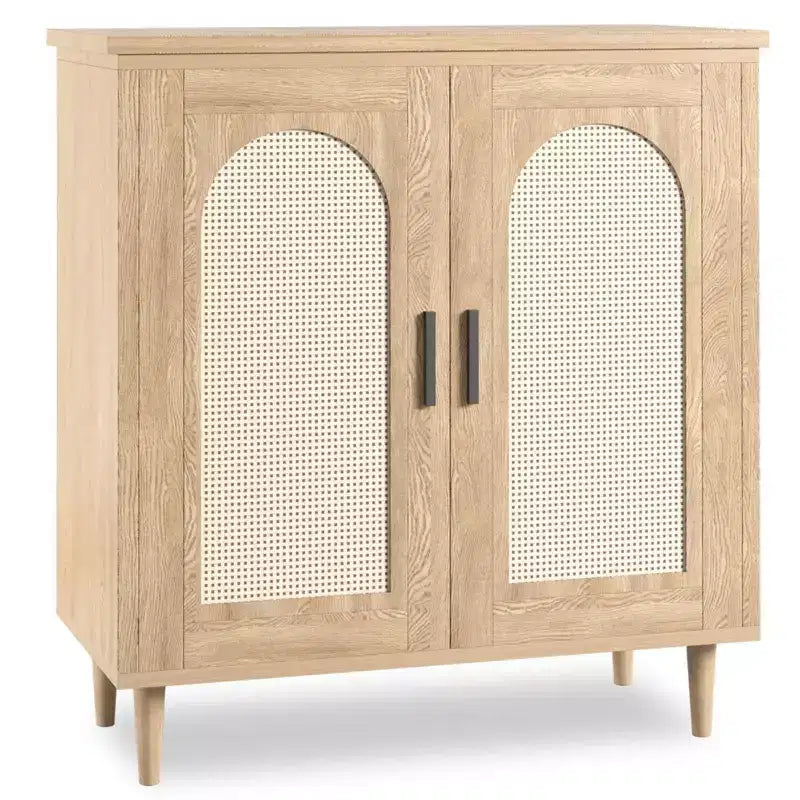 Tavolo consolle credenza, credenza contenitore regolabile con dettagli in rattan