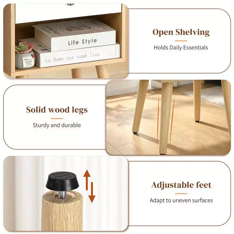 White Oak Nightstand Solid Legs,  Ring Handle