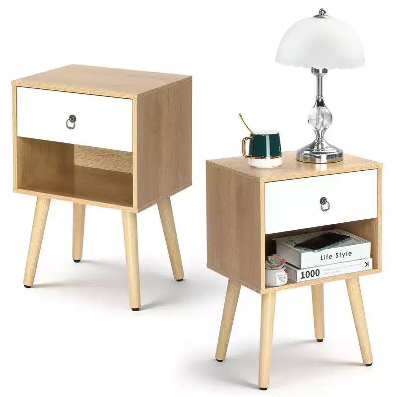 White Oak Nightstand Solid Legs,  Ring Handle