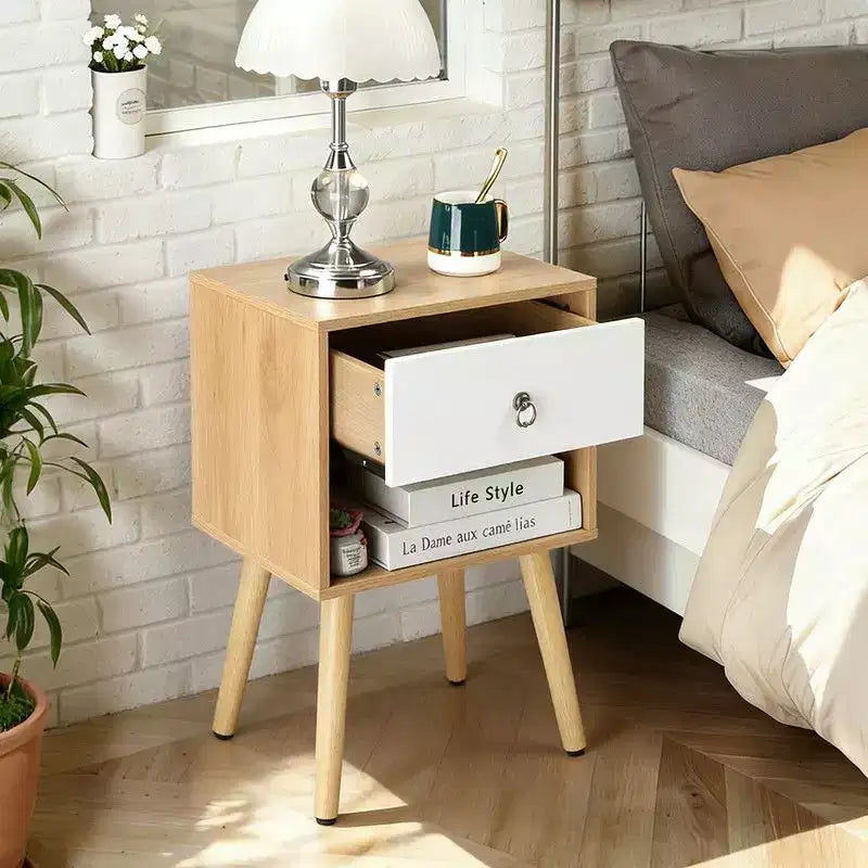 White Oak Nightstand Solid Legs,  Ring Handle