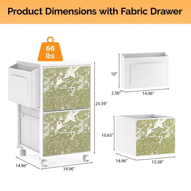 Embossed Metal Framed Wooden File Cabinet with 2 Drawers and Wheels