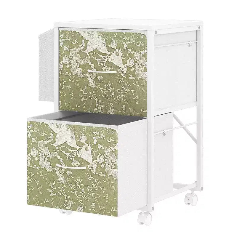 Embossed Metal Framed Wooden File Cabinet with 2 Drawers and Wheels