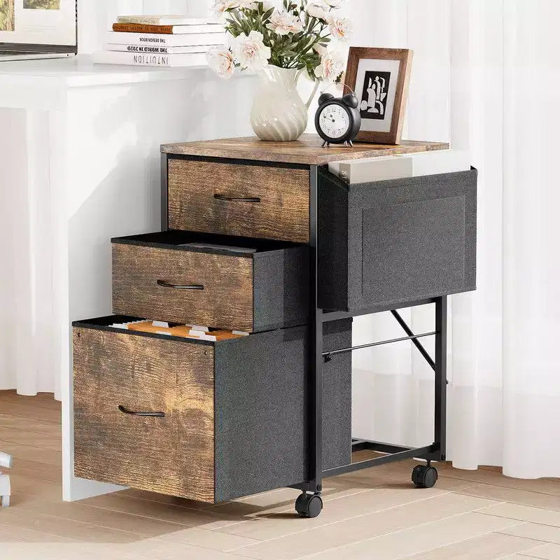 Embossed Metal Framed Wooden File Cabinet with 3 Drawers and Wheels