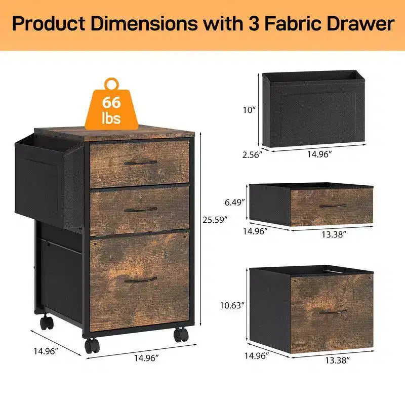 Embossed Metal Framed Wooden File Cabinet with 3 Drawers and Wheels