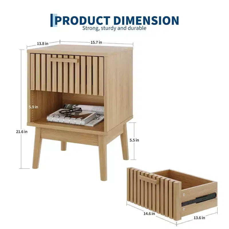 Comodini boho con cassetto a righe e ripiano aperto, tavolino compatto in legno da camera
