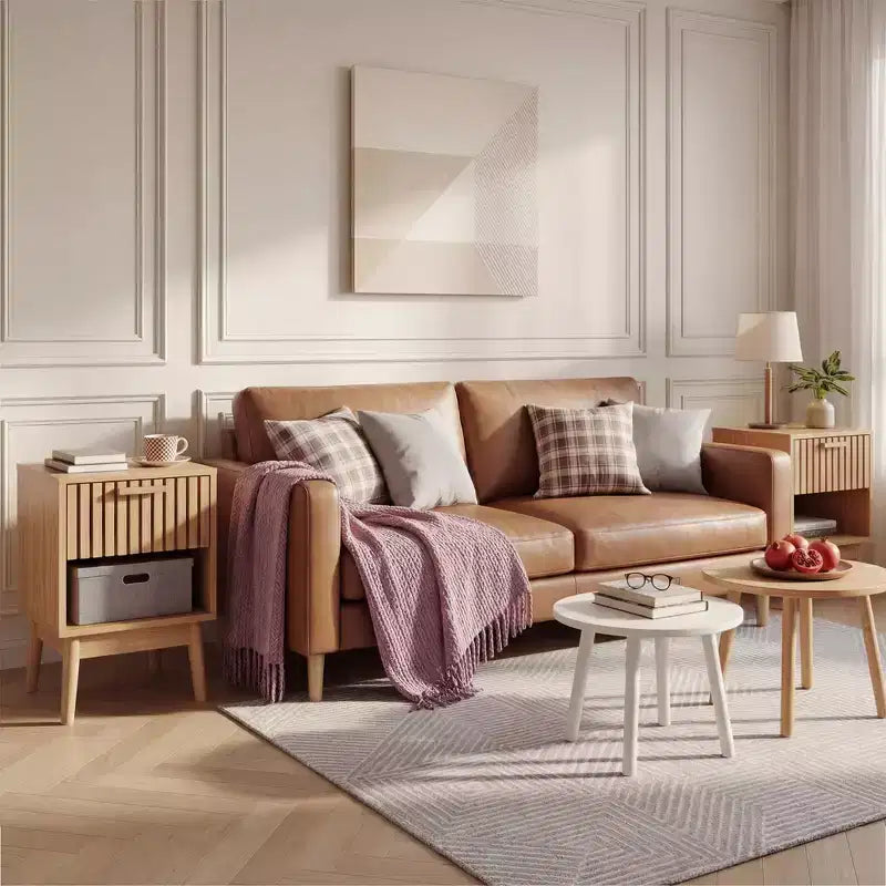 Comodini boho con cassetto a righe e ripiano aperto, tavolino compatto in legno da camera