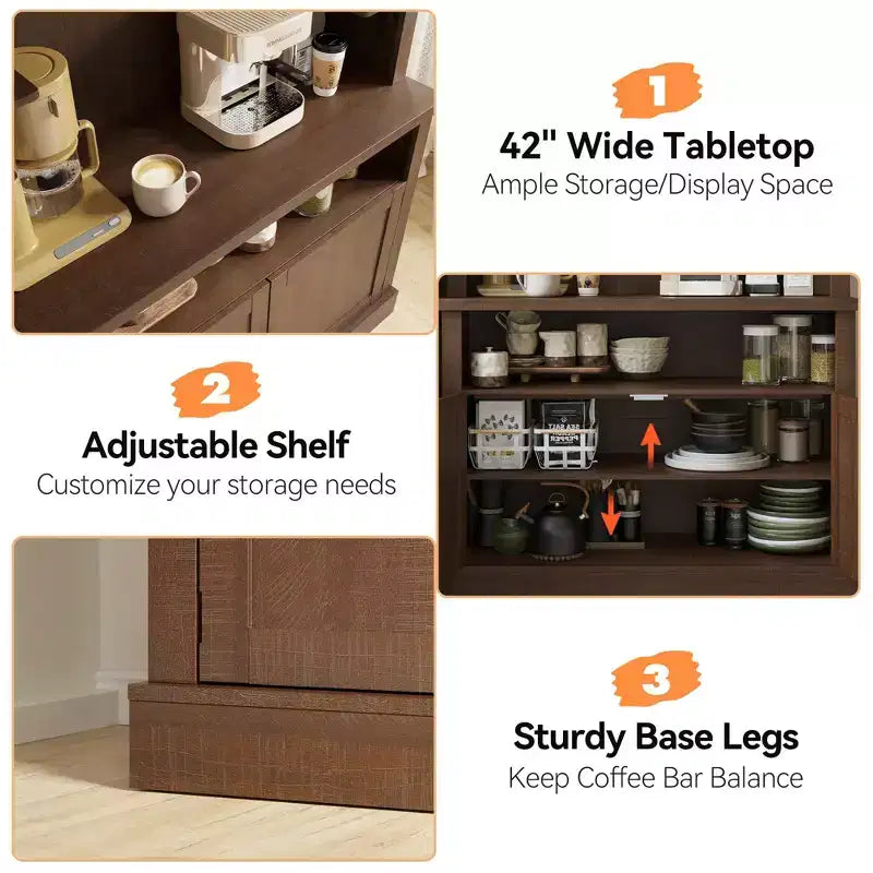 Farmhouse Coffee Bar Cabinet with Adjustable Lights, Wine Rack