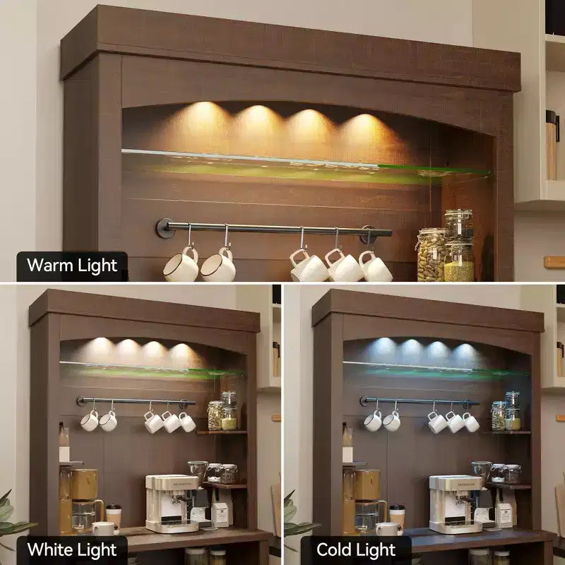 Farmhouse Coffee Bar Cabinet with Adjustable Lights, Wine Rack