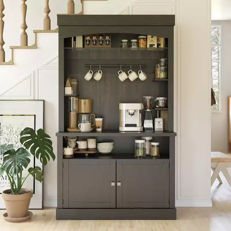 Farmhouse Coffee Bar Cabinet with Adjustable Lights, Wine Rack