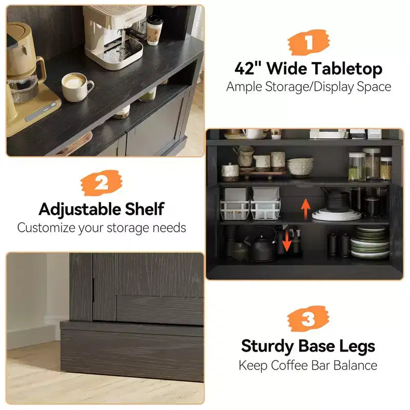 Farmhouse Coffee Bar Cabinet with Adjustable Lights, Wine Rack