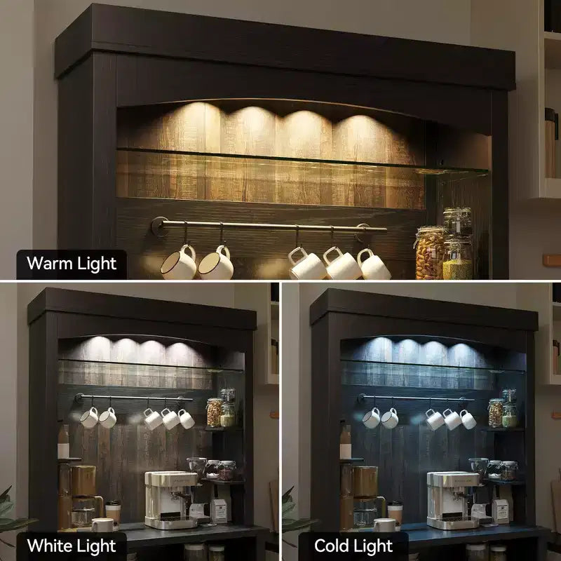 Farmhouse Coffee Bar Cabinet with Adjustable Lights, Wine Rack