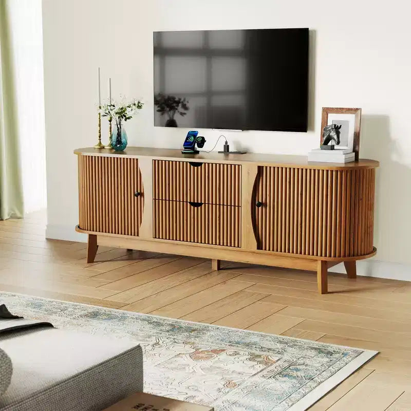TV Stand with Power Outlets, 2 Drawers and 2 Grille Door Cabinets