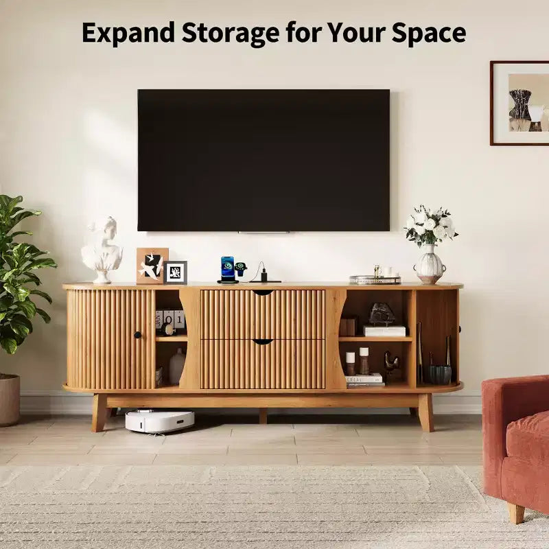 TV Stand with Power Outlets, 2 Drawers and 2 Grille Door Cabinets