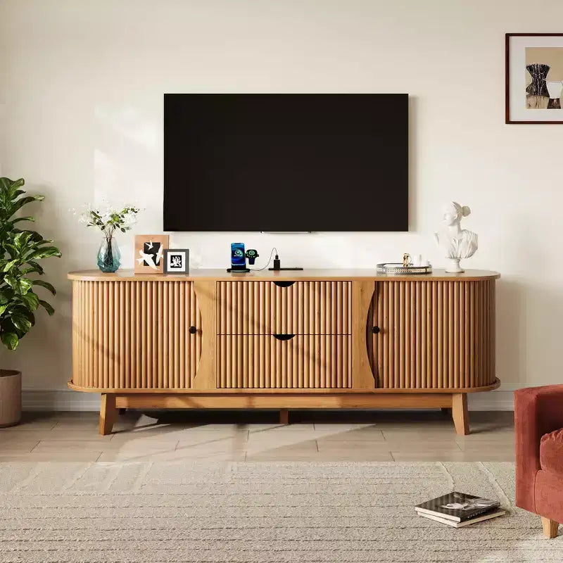 TV Stand with Power Outlets, 2 Drawers and 2 Grille Door Cabinets