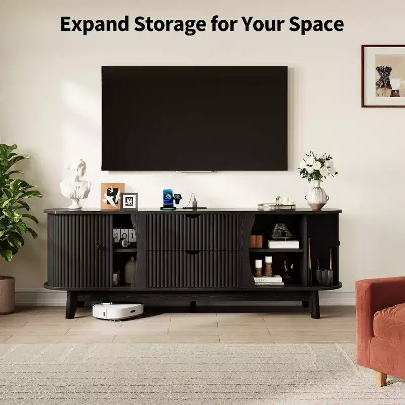 TV Stand with Power Outlets, 2 Drawers and 2 Grille Door Cabinets