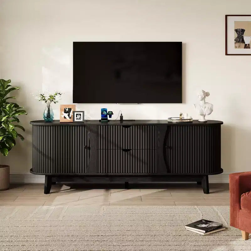 TV Stand with Power Outlets, 2 Drawers and 2 Grille Door Cabinets