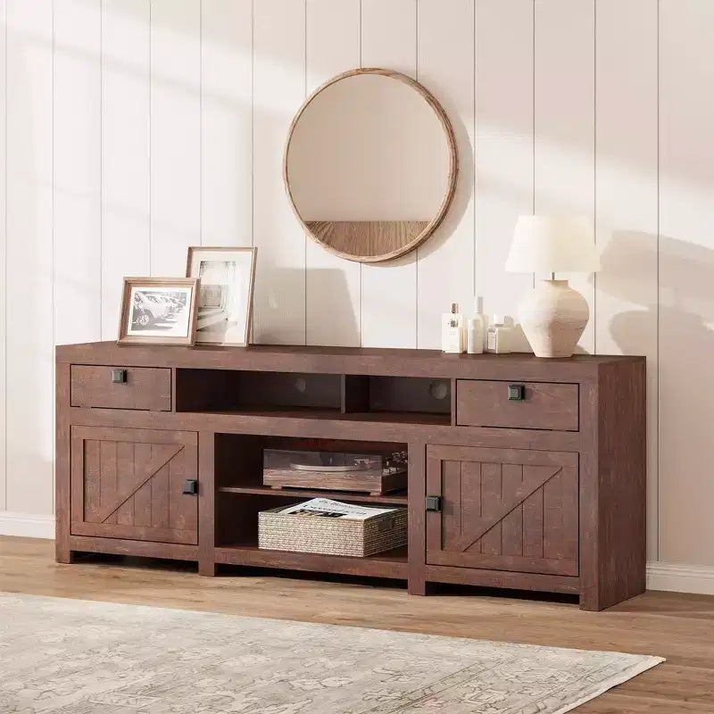 70.1 Farmhouse Wood TV Stand for 70 Inch TVs, Entertainment Center with Drawers
