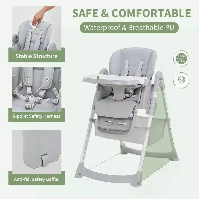 Kids Dining Chair, Foldable High Chair for Toddlers, PU Leather Highchair