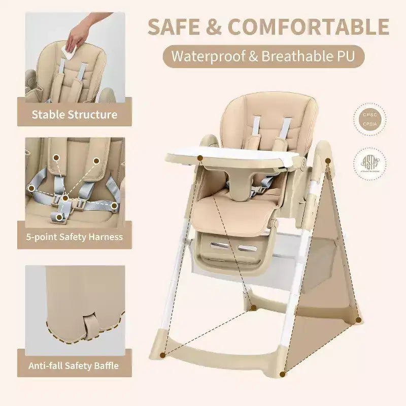 Kids Dining Chair, Foldable High Chair for Toddlers, PU Leather Highchair