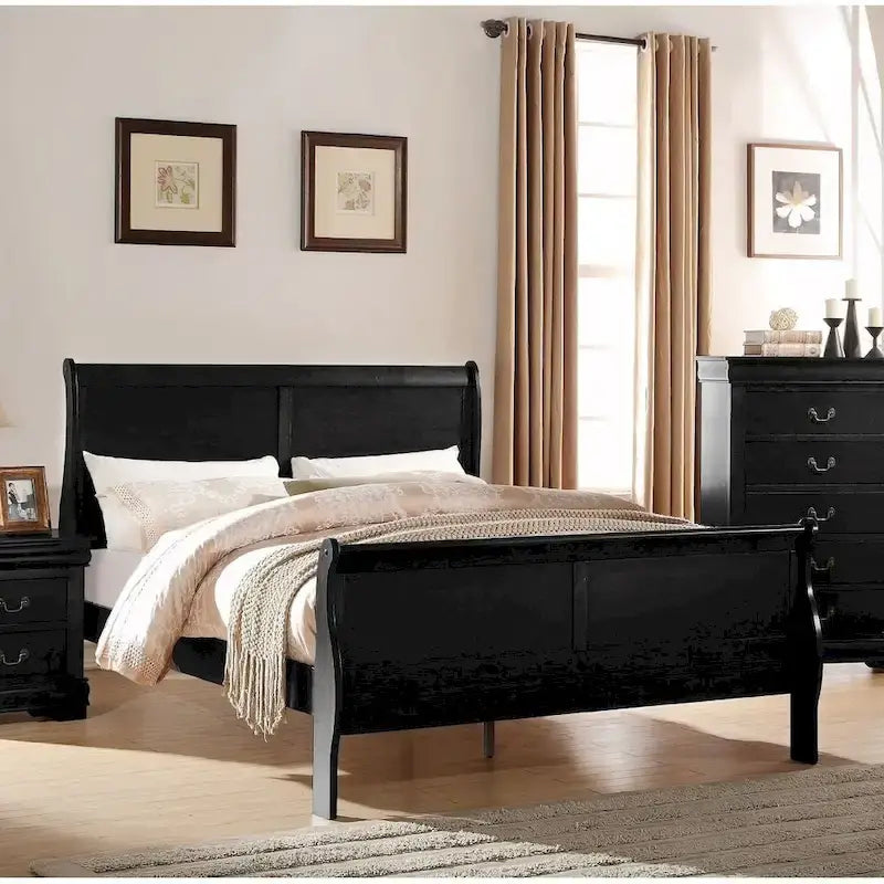 Letto nero king size in legno massello, stile di transizione, con impiallacciatura e ferramenta in ottone