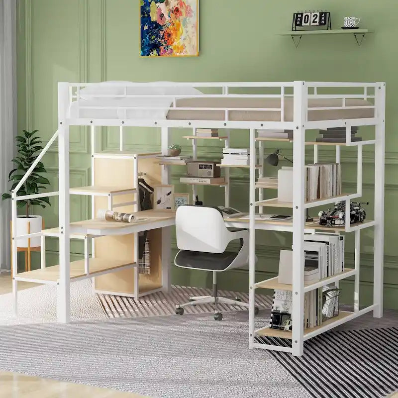 White Full Size Metal Loft Bed with Storage Staircase and Small Wardrobe, Built-in Desk and Storage Shelves