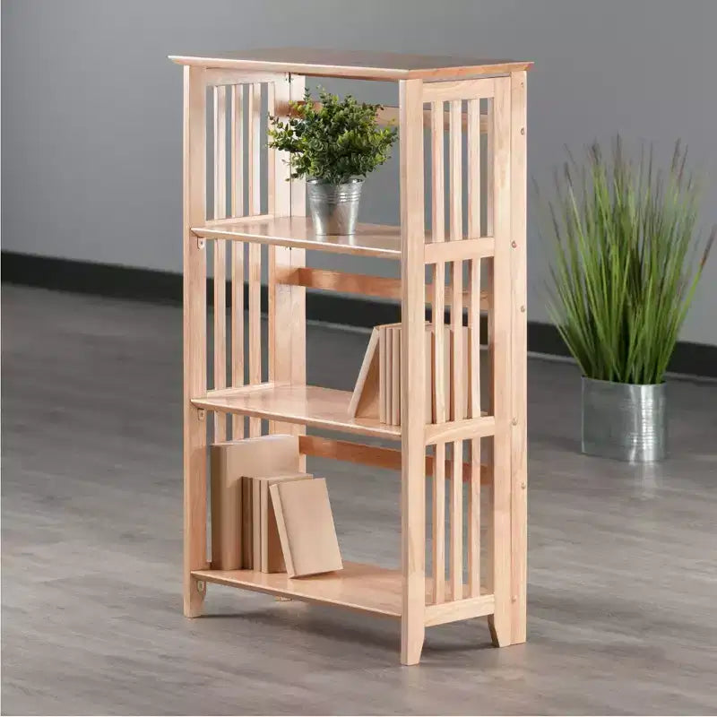 Libreria pieghevole a 4 ripiani in faggio naturale, con lati a doghe
