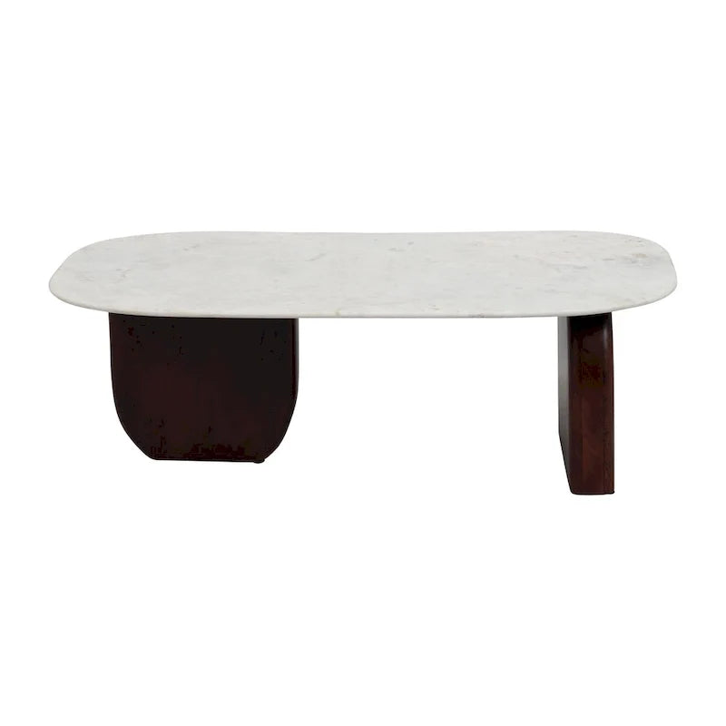 Moderno tavolino ovale astratto in marmo e legno, altezza 16H - 48 x 24 x 16