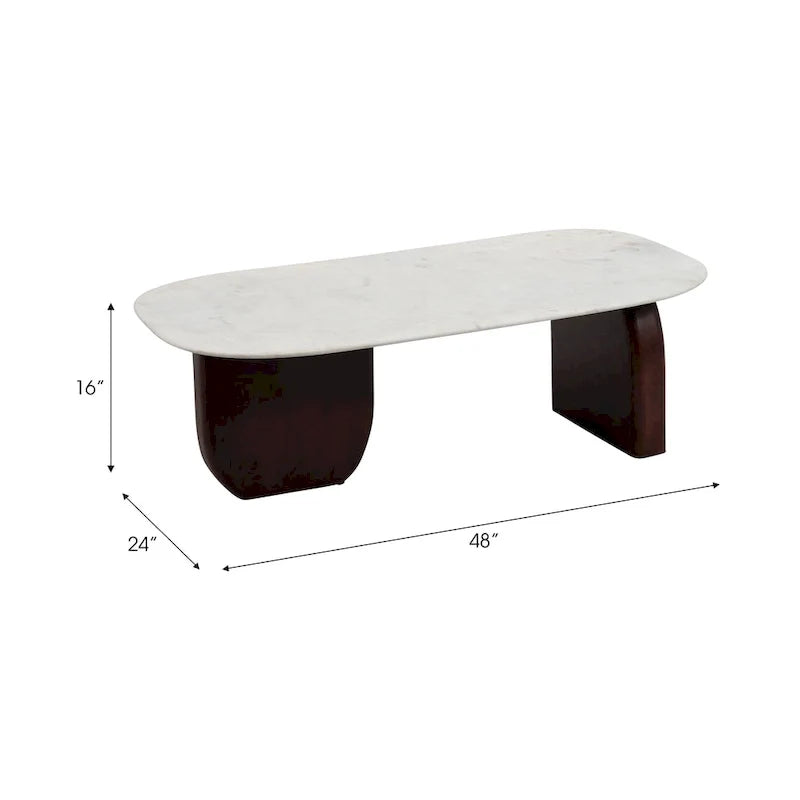 Moderno tavolino ovale astratto in marmo e legno, altezza 16H - 48 x 24 x 16