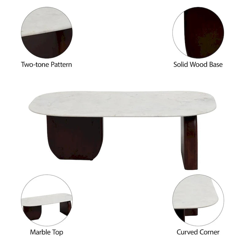 Moderno tavolino ovale astratto in marmo e legno, altezza 16H - 48 x 24 x 16