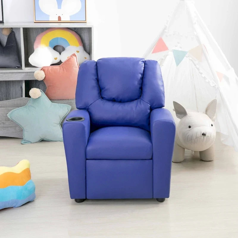 PVC Kids Recliner Chair with Push-Back Reclining Function, Cup Holder, and Comfortable Footres
