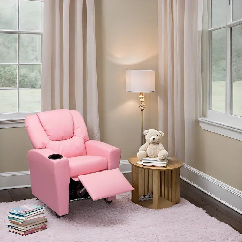 PVC Kids Recliner Chair with Push-Back Reclining Function, Cup Holder, and Comfortable Footres
