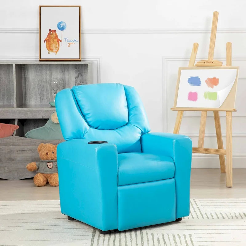 PVC Kids Recliner Chair with Push-Back Reclining Function, Cup Holder, and Comfortable Footres